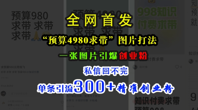 小红书“预算4980带我飞”图片打法，一张图片引爆创业粉，私信回不完，单条引流300+精准创业粉-学习资源社