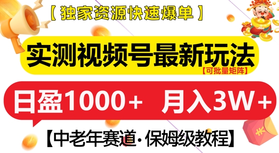 实测视频号最新玩法，中老年赛道，独家资源，月入过W+【揭秘】-学习资源社