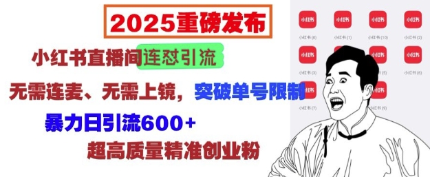 2025重磅发布：小红书直播间连怼引流，无需连麦、无需上镜，突破单号限制，暴力日引流600+-学习资源社